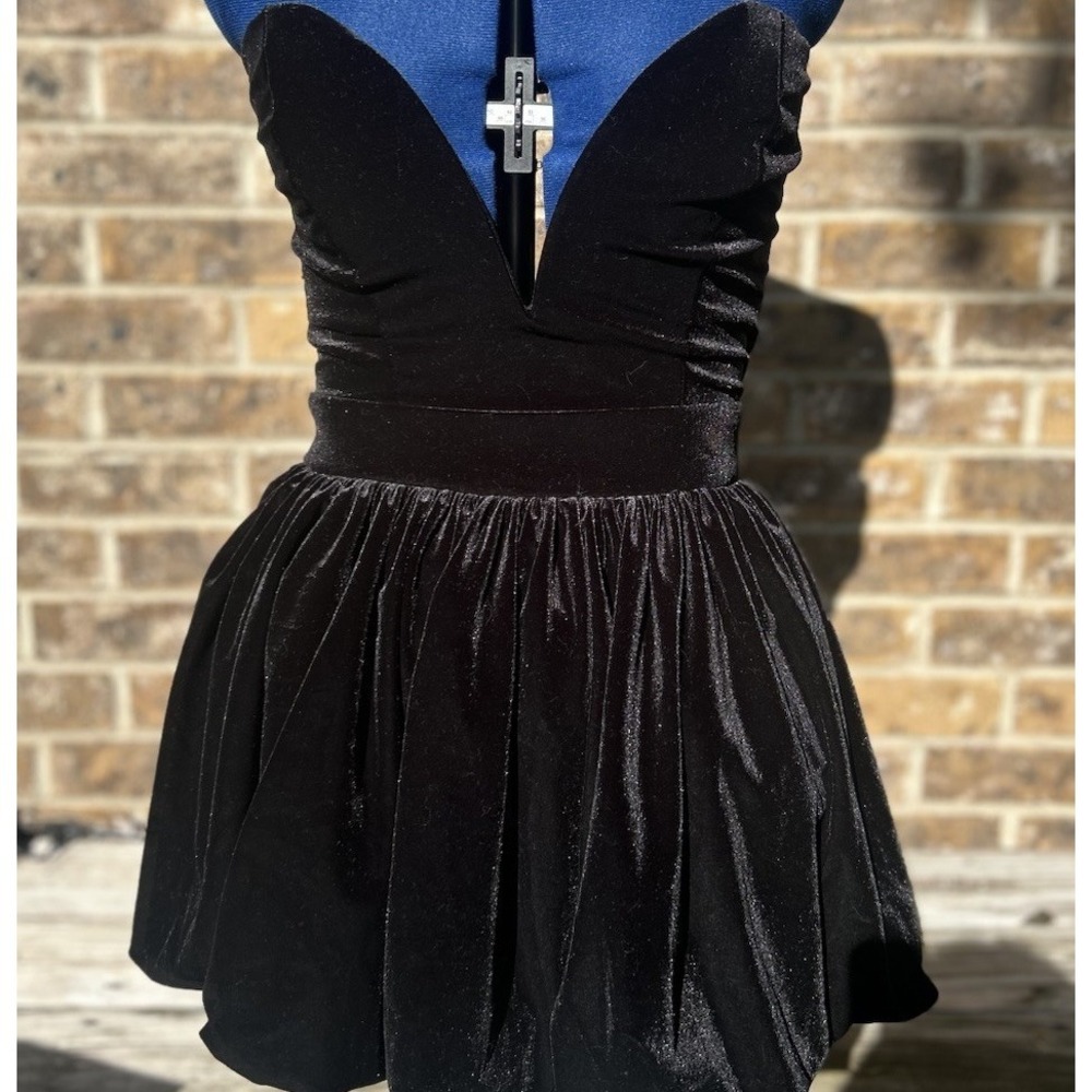 The Vintage Shop Plunge V Neck Bubble Hem Dress Mini Black Velvet Sz Small